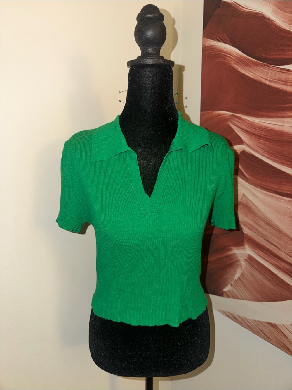 Forever 21 Bright Green Ribbed Polo Crop Top